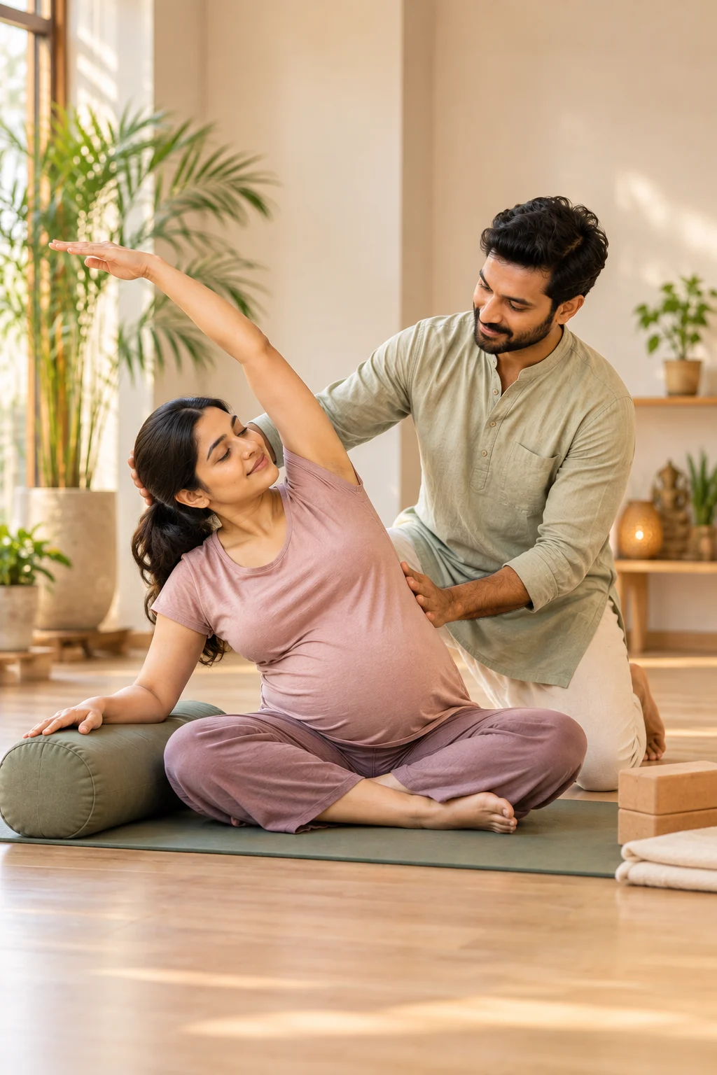 Teacher supporting an expecting mother in a gentle side stretch during prenatal yoga at Anahat Yoga, Pune